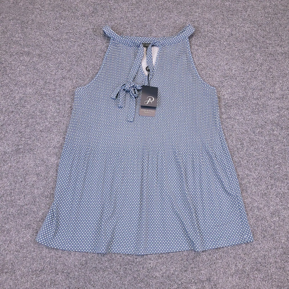 NWT Adrianna Papell Womens Sz S Blue‎ White Polka Dot Sleeveless Stretch Blouse